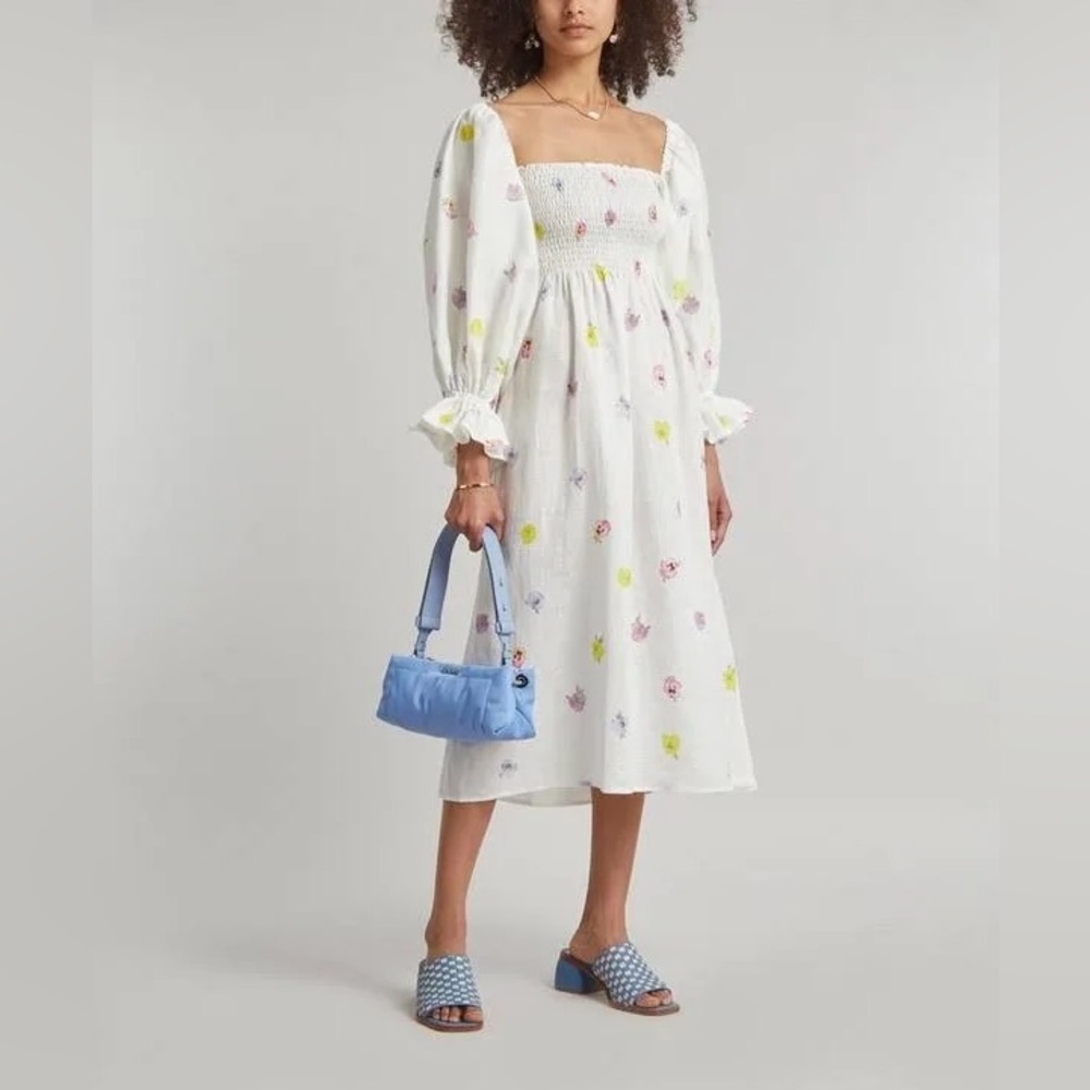 Sleeper Atlanta Pansies Print Linen Midi Dress